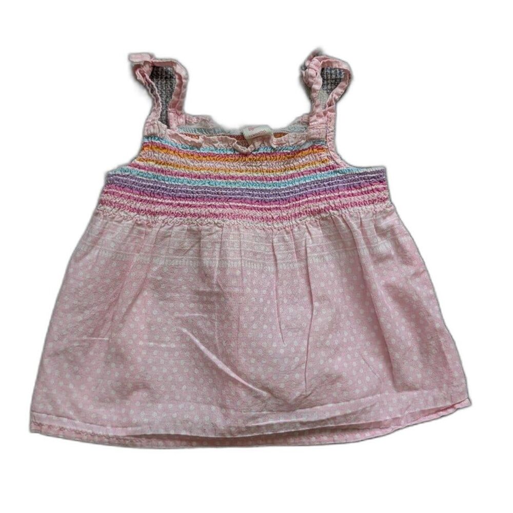 Girls Vintage Y2K OshKosh Sleeveless Top Pink Polka Dots Colorful Smocked Bodice